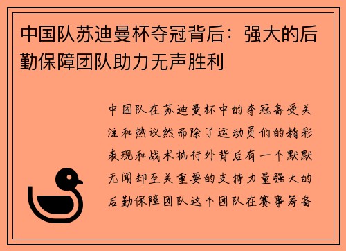 中国队苏迪曼杯夺冠背后：强大的后勤保障团队助力无声胜利